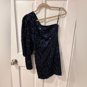 One-Shoulder Sequin Navy Dress